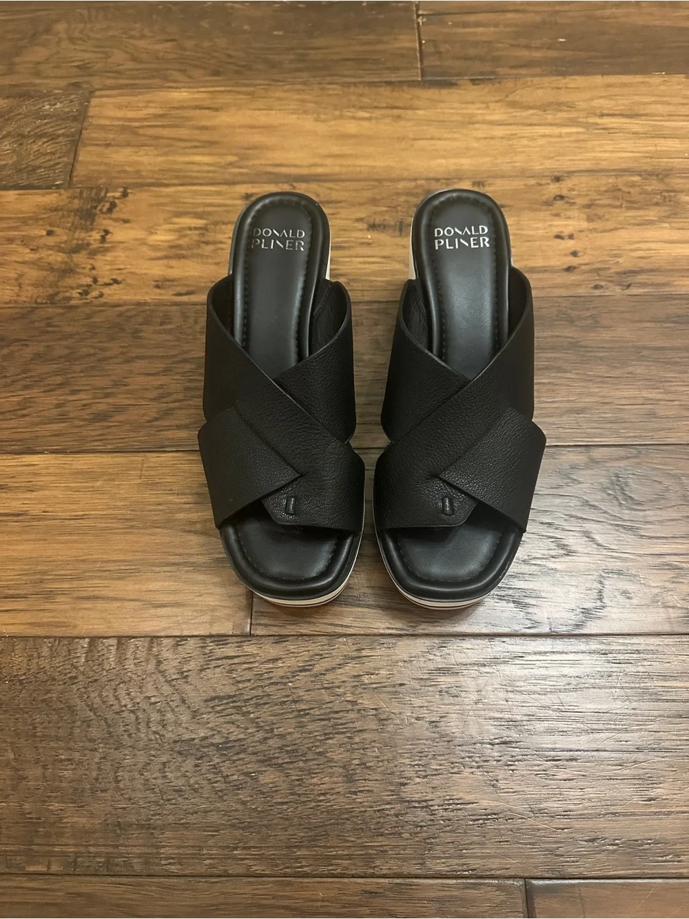 Donald J. Pliner Black and White Crisscross Wedge Slides